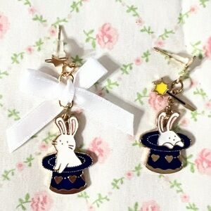 Whimsical Bunny in Hat Earrings - Gold and Navy